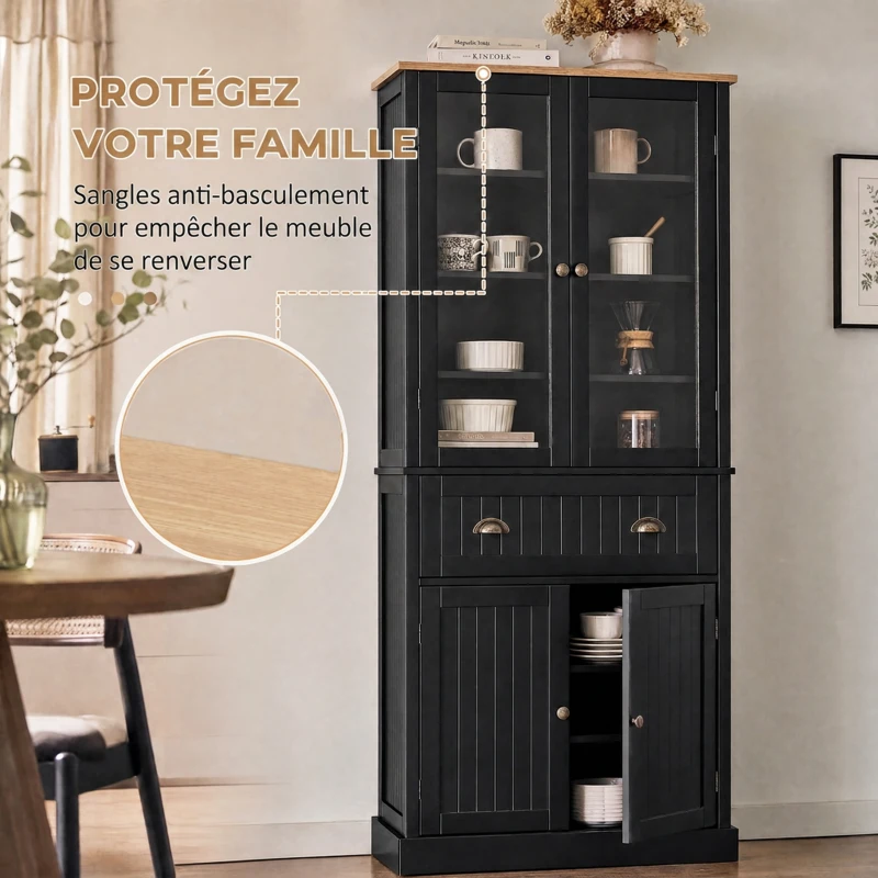 HOMCOM Buffet meuble cuisine rangement armoire de cuisine 4 portes dont 2 portes vitrées et 1 tiroir étagères réglables - noir