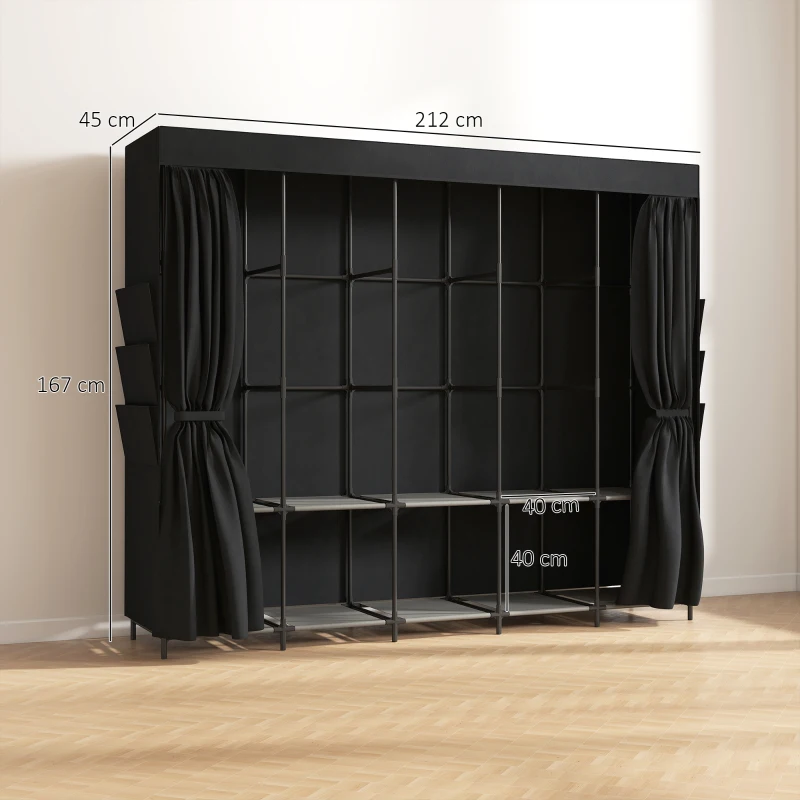 HOMCOM Dulap Textil Compact cu 5 Bare, 5 Rafturi, 6 Buzunare Laterale, Uși Anti-Praf cu Fermoar, Negru