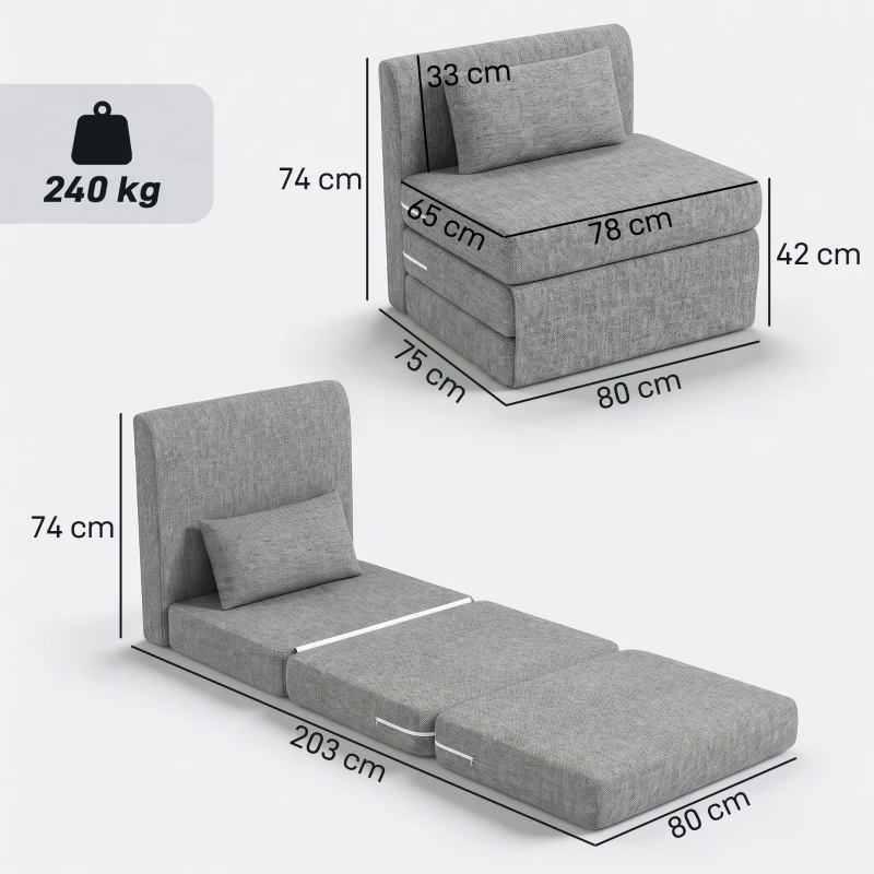 HOMCOM Fotoliu Pat Pliabil de Podea cu 3 Secțiuni Economisitor de Spațiu, din Material Textil, 80x75x74 cm, Gri(m-3)