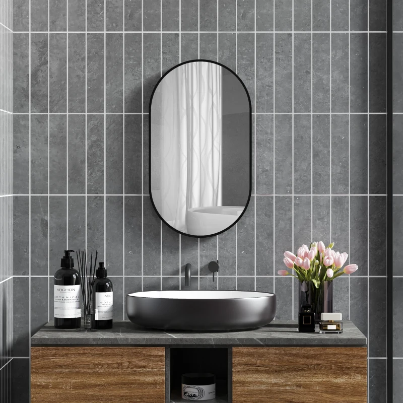HOMCOM Oglindă Baie Ovală de Perete cu Ramă din Aluminiu, Verticală sau Orizontală, 40 x 70 cm, Negru