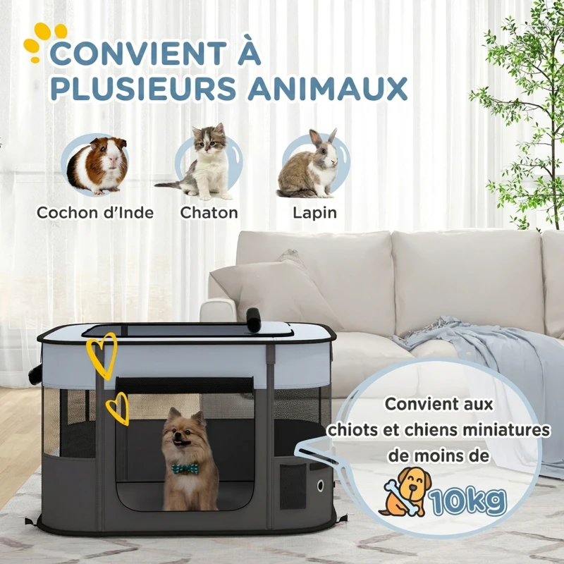 PawHut Parc enclos pliable pour chien chat petits animaux en tissu Oxford avec rangement 84 x 64 x 53 cm gris et noir(m-4)