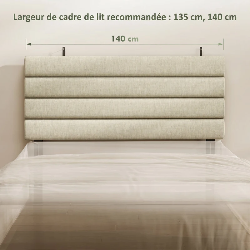 HOMCOM Tête de Lit Capitonnée, Hauteur Ajustable en 3 Niveaux avec Pieds en Métal pour Chambre, 140 x 10 x 106/116/126 cm Beige