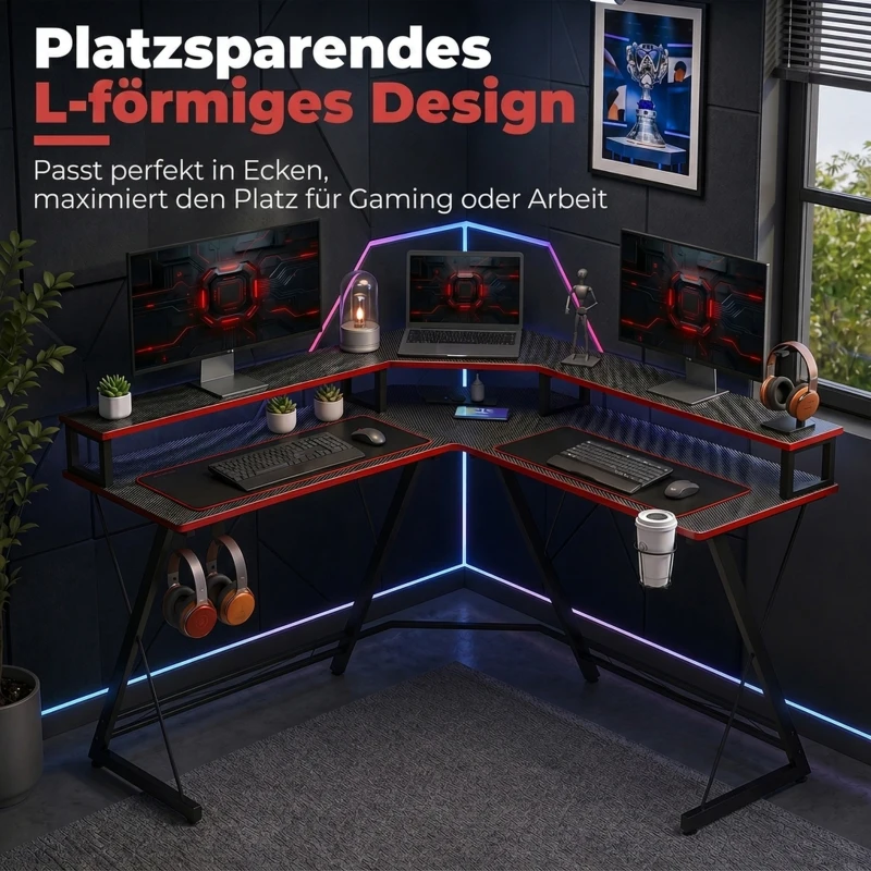 HOMCOM L-förmiger Computertisch mit Steckdosen, 128 cm Eckschreibtisch mit Monitorständer, Kopfhörerhaken & Getränkehalter