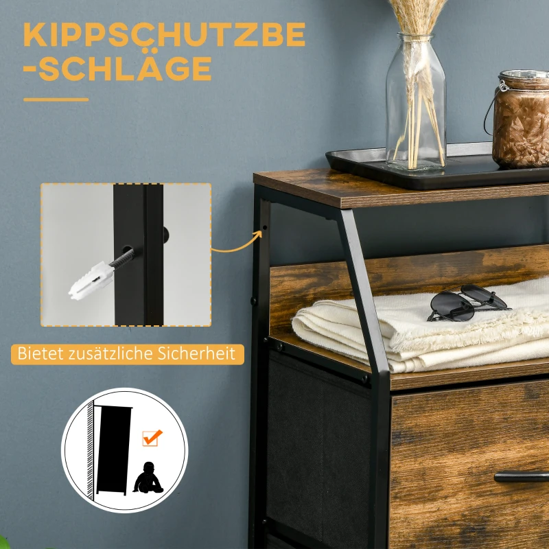 HOMCOM Opbergkast met Stoffen Laden, MDF Planken, Stalen Frame, Rustiek Bruin