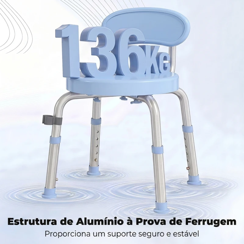 HOMCOM Cadeira de Duche Giratória 360° para Idosos com Encosto Antiderrapante e Altura Regulável em Alumínio Azul Claro