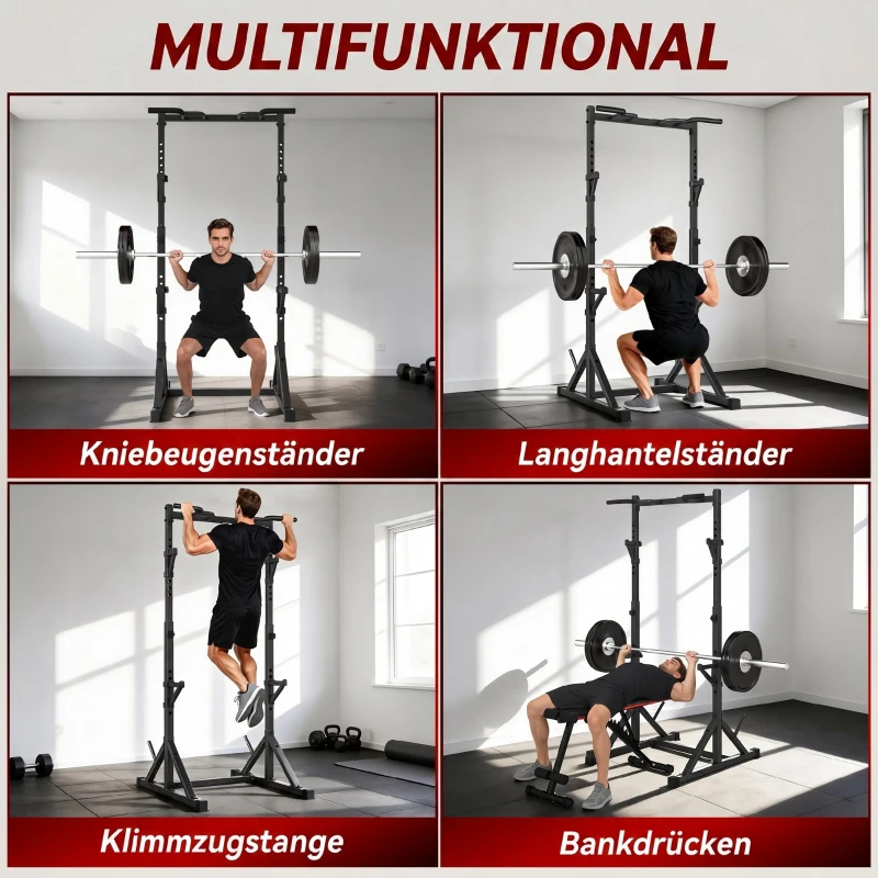 SPORTNOW Power Tower freistehend Dip Station mit Langhantelablagen, Kraftturm bis 200 kg aus Stahl, Schwarz