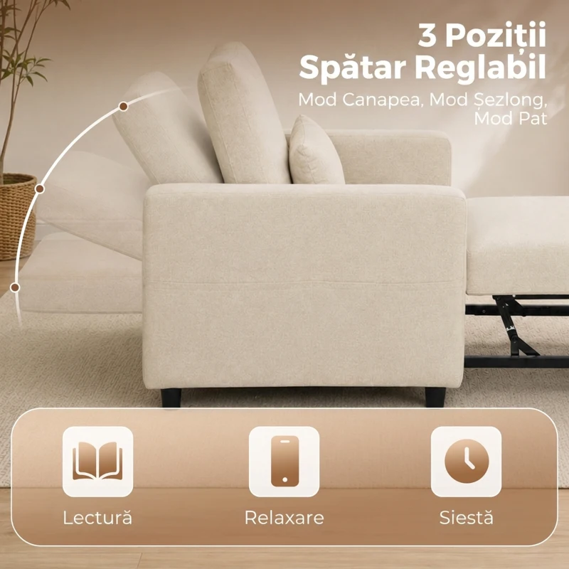 HOMCOM Fotoliu Extensibil 3 în 1 Pliabil cu Spătar Reglabil, Material cu Aspect de In, 78 x 94,5 x 83 cm, Alb Crem