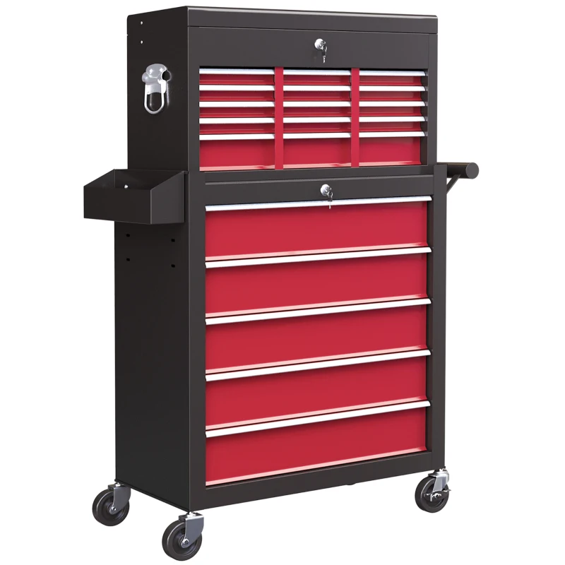 HOMCOM Gereedschapswagen, Tweedelig, Afsluitbaar, 14 Laden, Zijwand met Gaten, Staal, Rood(m-11)