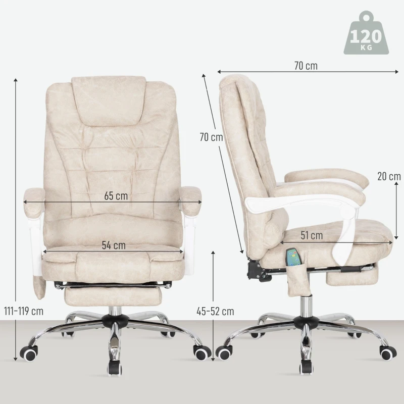 Vinsetto Fauteuil de bureau massant et chauffant, chaise de bureau, hauteur réglable, dossier inclinable, 65x70x111-119cm, crème