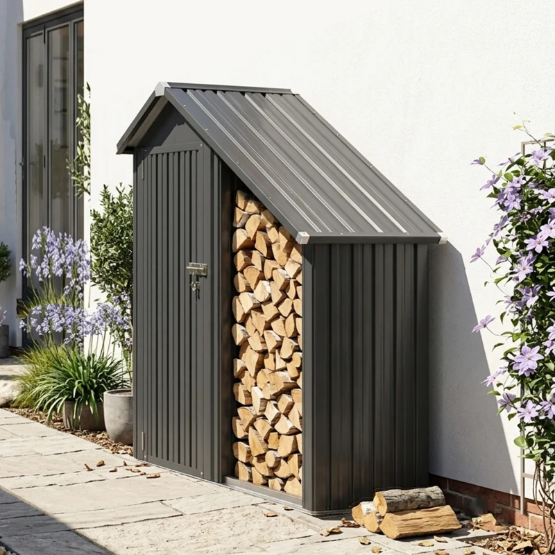 Outsunny Portalegna da Esterno con Armadietto Porta Attrezzi in Acciaio, 150x66x162 cm, Grigio Scuro