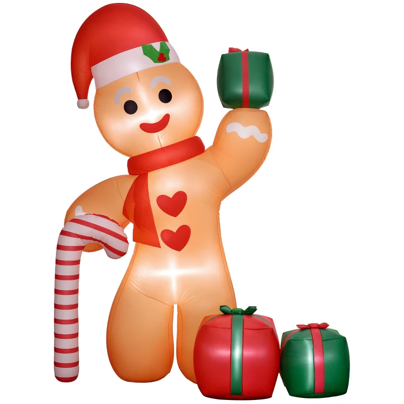 Outsunny 245 cm Opblaasbare Kerstdecoratie voor buiten – Gingerbread Man met geïntegreerde LED-verlichting, opblaasbare outdoor kerstversiering met zuurstok, ideaal voor tuin, grasveld en feest