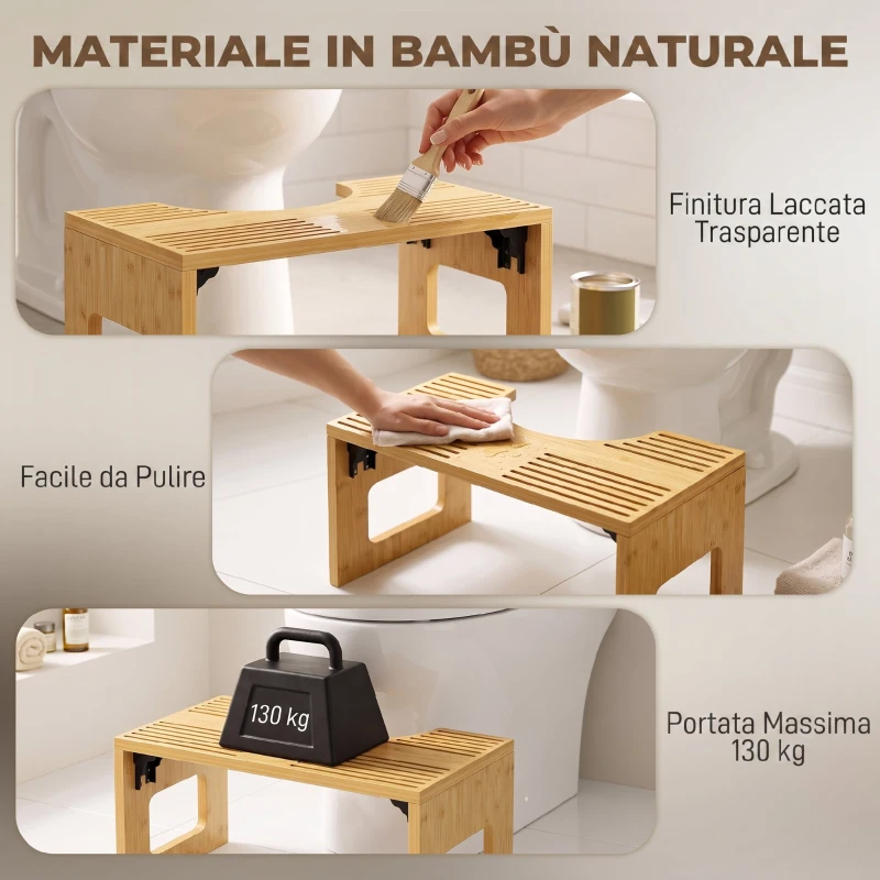 HOMCOM Sgabello da Toilette Pieghevole in Bambù, Sgabello Poggiapiedi per WC con Piedini Antiscivolo, per Bagno, Rovere