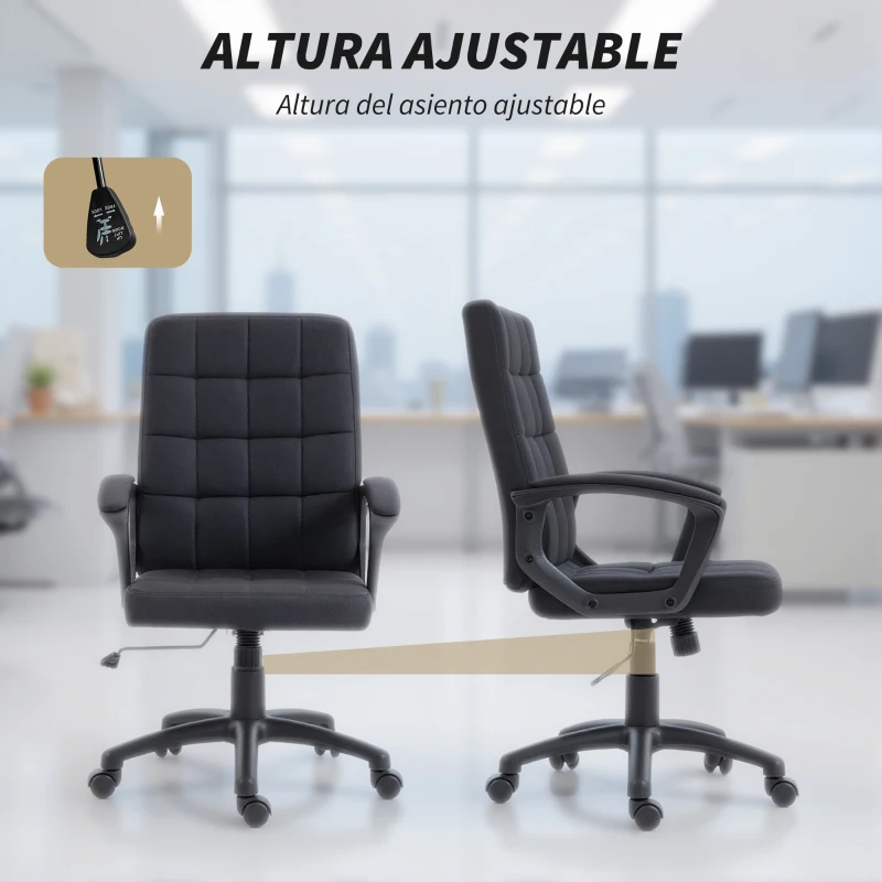 Vinsetto Silla de Oficina Giratoria Tapizada en Lino Sintético Altura Ajustable Basculante Respaldo Medio Reposabrazos Negro