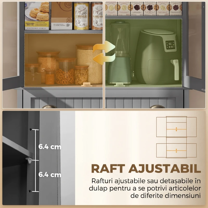 HOMCOM Dulap Cămară cu 5 Niveluri și Sertar Central, din MDF și PAL, 76x40x182,5 cm, Gri