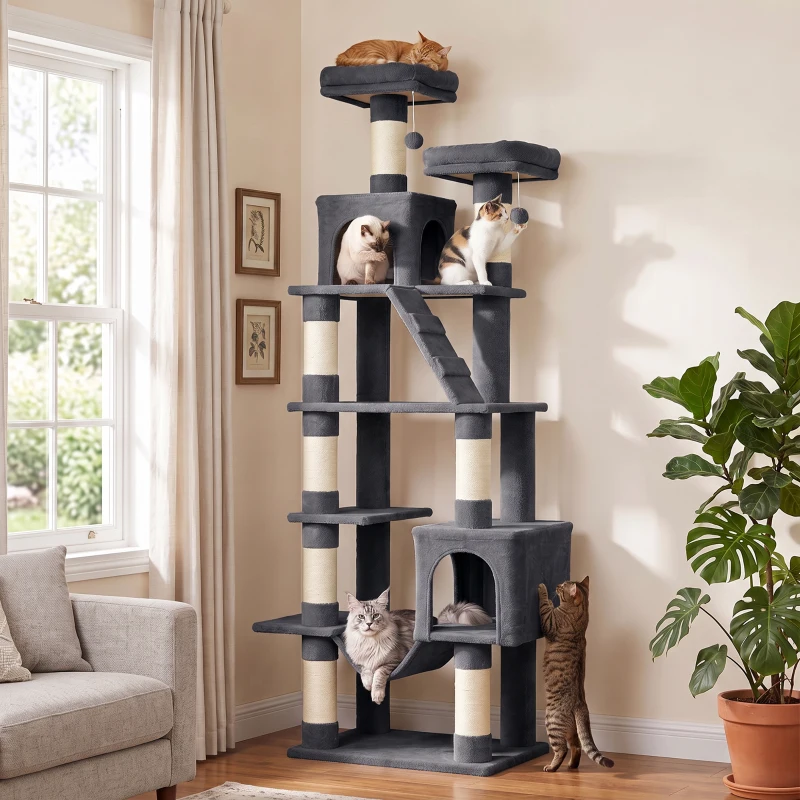 PawHut Árbol Rascador para Gatos 204 cm Multinivel con 2 Cuevas Hamaca 2 Camas Postes de Sisal Escalera 2 Bolas Gris Oscuro