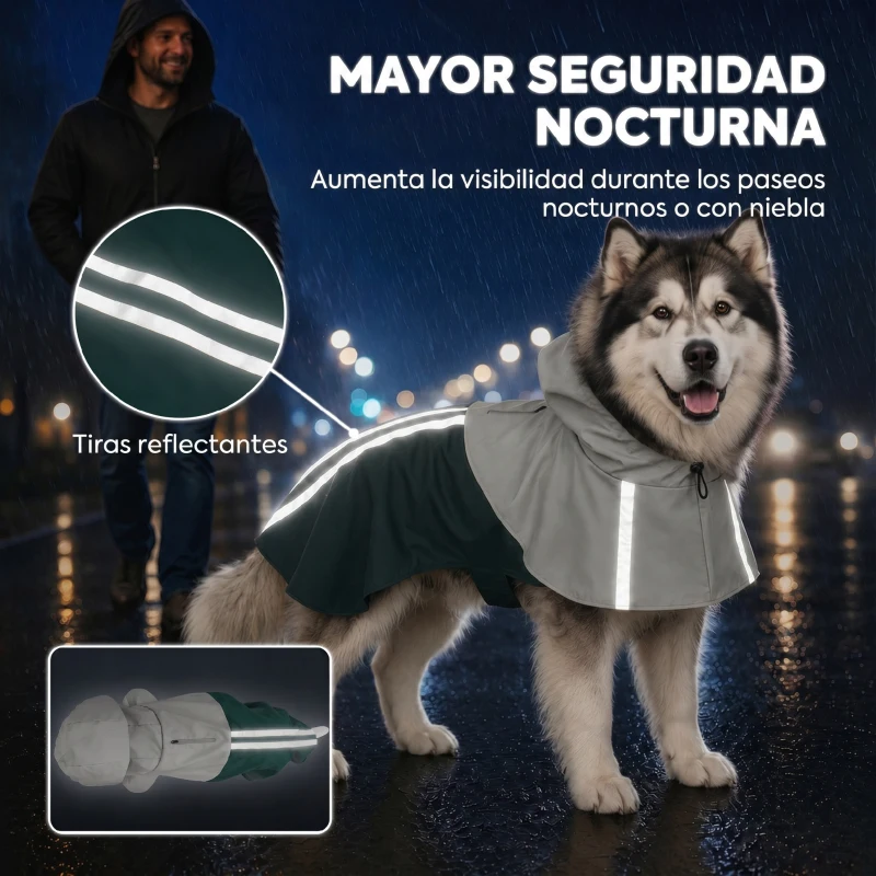 PawHut Impermeable para Perros con Capucha Orificio para Correa y Tiras Reflectantes para Perros de Talla Gigante Verde