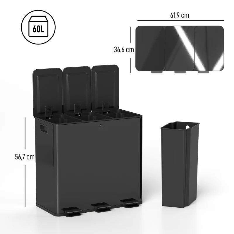 HOMCOM Pedaalemmer 3x20 L met geurvakken — vingerafdrukbestendig, softclose, uitneembaar — mat zwart(m-3)