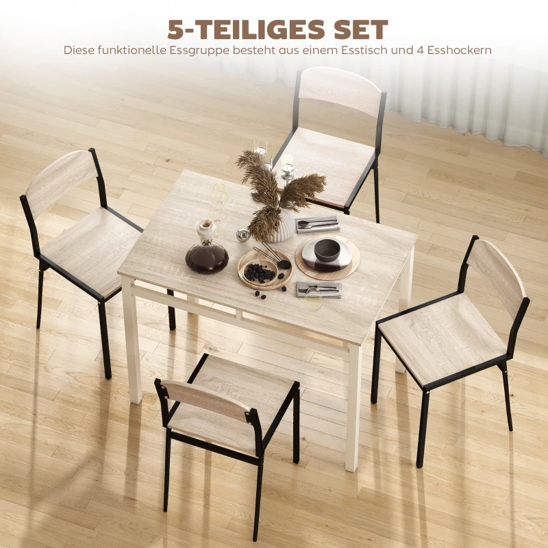 HOMCOM Compact 5-delige eettafelset – rechthoekige tafel + 4 stoelen, eikenlook(m-5)