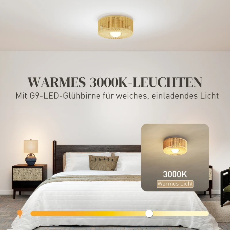 HOMCOM Plafondlamp, hangende boho-plafondlamp met G9 LED-fitting, rond lampscherm van henneptouw
