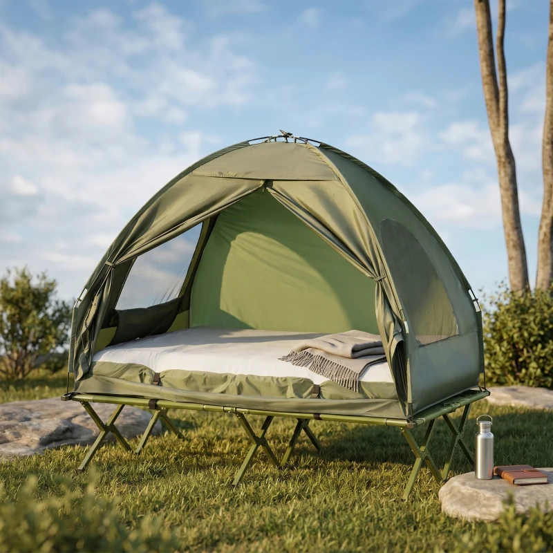 Outsunny Campingzelt-Set für 2 Personen mit Feldbett und Luftmatratze Grün