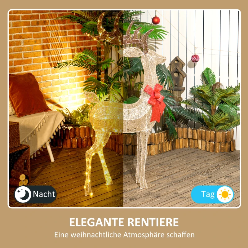 Outsunny Rendier met rode strik, 137 LEDs, Kerstverlichting, weerbestendig, 66 x 25 x 135 cm, Goud