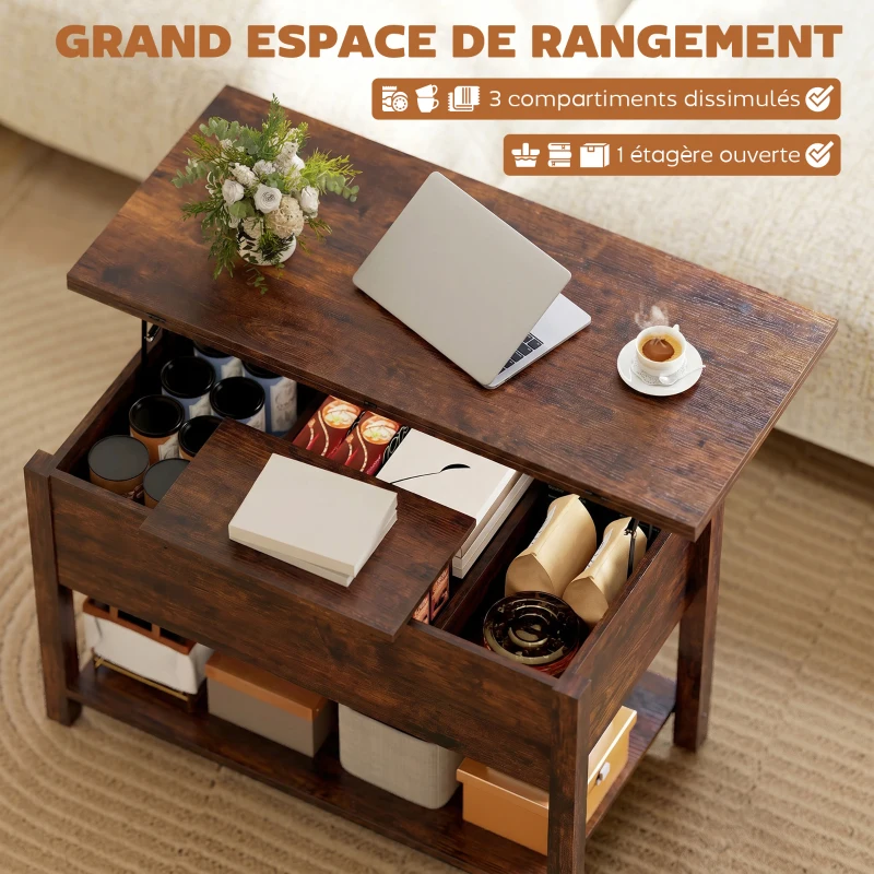 HOMCOM Table basse relevable et extensible table de salon avec compartiment caché étagère ouverte 100x45x50,5cm brun rustique(m-5)