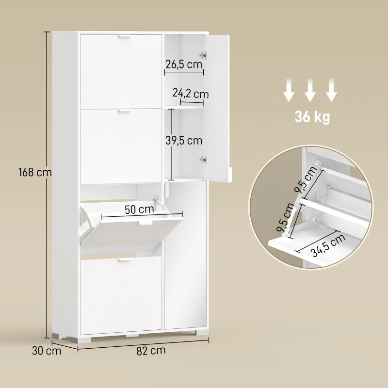 HOMCOM Meuble à chaussures 16 paires armoire à chaussures 4 tiroirs rabattables 2 portes en miroir étagères réglables blanc