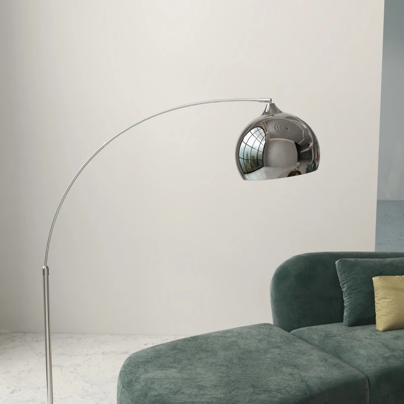 HOMCOM Booglamp, Staande Lamp, Verstelbaar, Voetschakelaar, Voet in Marmerlook, 170-180cm, Zilver/Zwart(m-8)