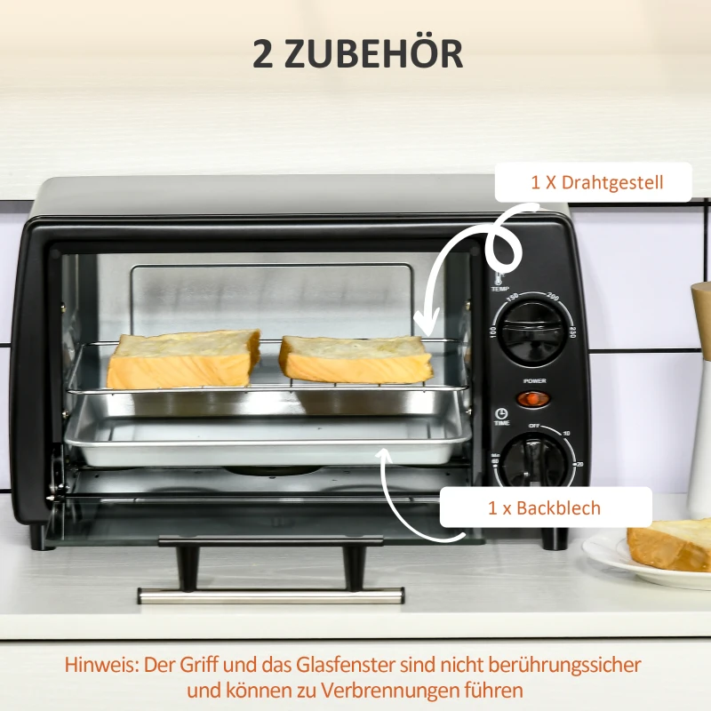 HOMCOM Mini-Oventoaster, 1 Bakplaat, 1 Grillrooster, Timerfunctie, 36,5 cm x 26 cm x 22 cm, Zwart