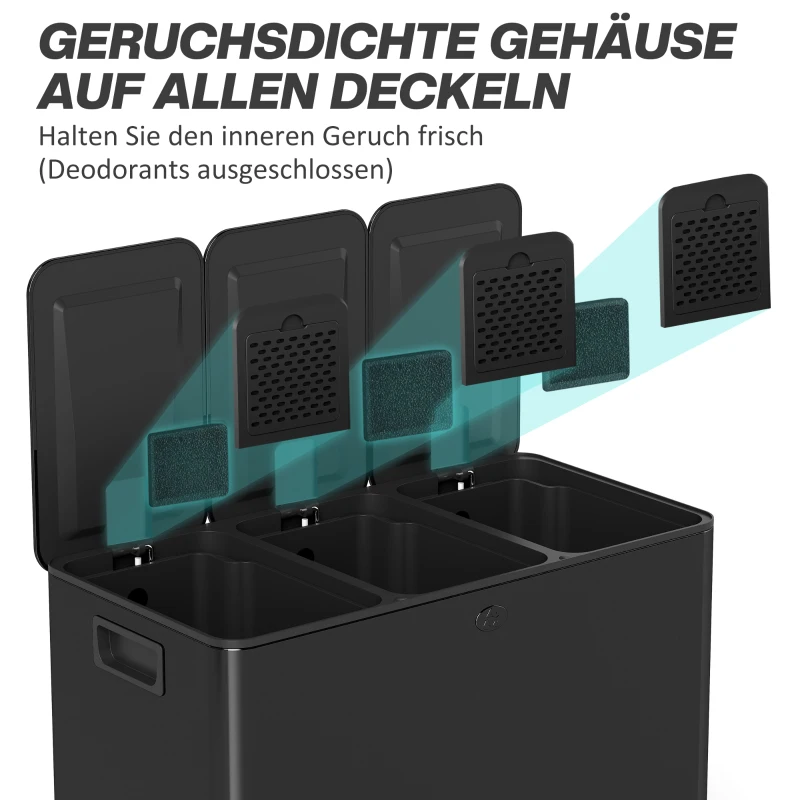 HOMCOM Pedaalemmer 3x20 L met geurvakken — vingerafdrukbestendig, softclose, uitneembaar — mat zwart(m-5)