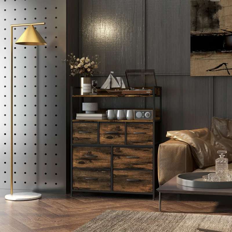 HOMCOM Stoffen Ladekast, 7 Opvouwbare Laden, 2 Planken, Stalen Frame, Bruin