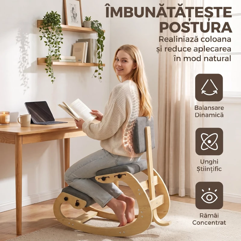 HOMCOM Scaun Ergonomic pentru Genunchi cu Spatar, Balansoar, Postural, In si Lemn Mesteacan, Gri
