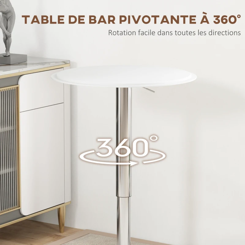 HOMCOM Table de Bar Table Bistro Mange-debout Hauteur réglable 67-93 cm Ø 63 cm Plateau pivotant 360° métal blanc