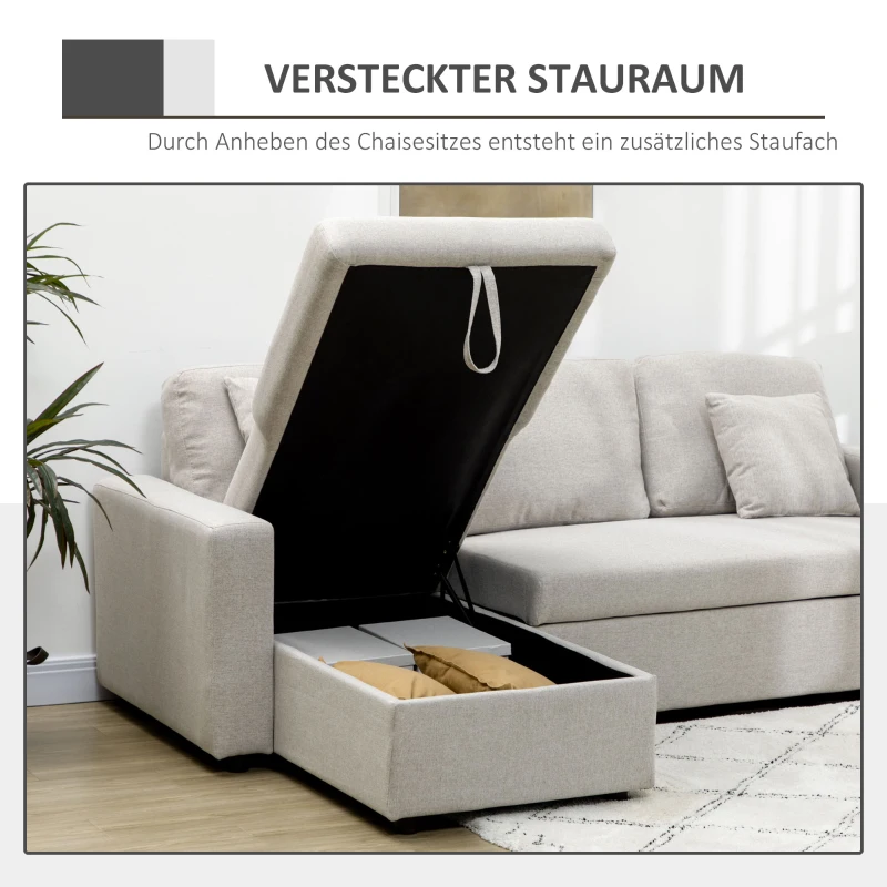 HOMCOM Slaapbank Hoekbank met Bedfunctie, inclusief 2-Zits Sofa, Eenpersoonsbed, L-vorm met Opbergruimte, 2 Kussens Crèmewit(m-7)