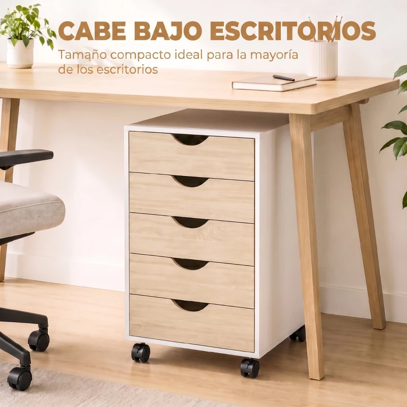 HOMCOM Cajonera Oficina con Ruedas y 5 Cajones Archivador Móvil, para Estudio Salón 40x40x67 cm Blanco y Natural