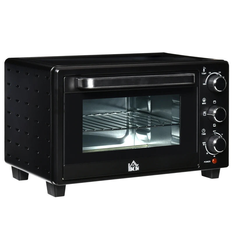HOMCOM mini-oven 21 l met 1 rooster en 1 bakplaat 3 kookstanden instelbare temperatuur oven 1400W metaal RVS gehard glas zwart + zilver 46,4 x 38 x 28,5 cm(m-11)