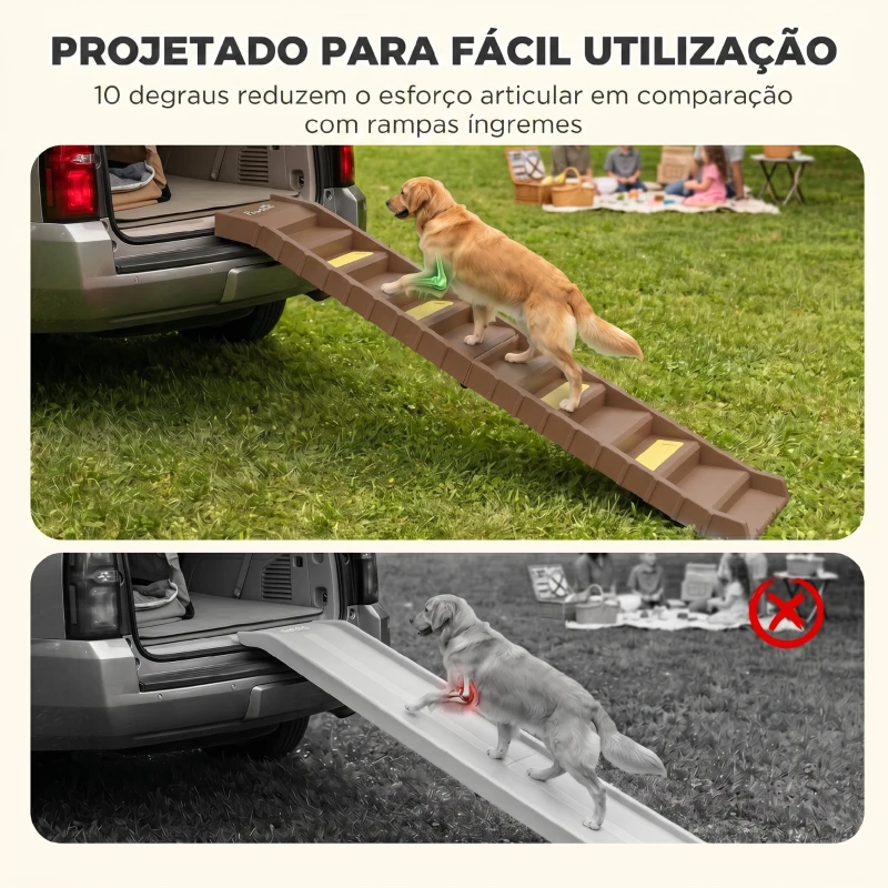 PawHut Rampa Dobrável para Cães 154 cm para Carro e Cama com 10 Degraus Antiderrapantes, até 68 kg, Castanho