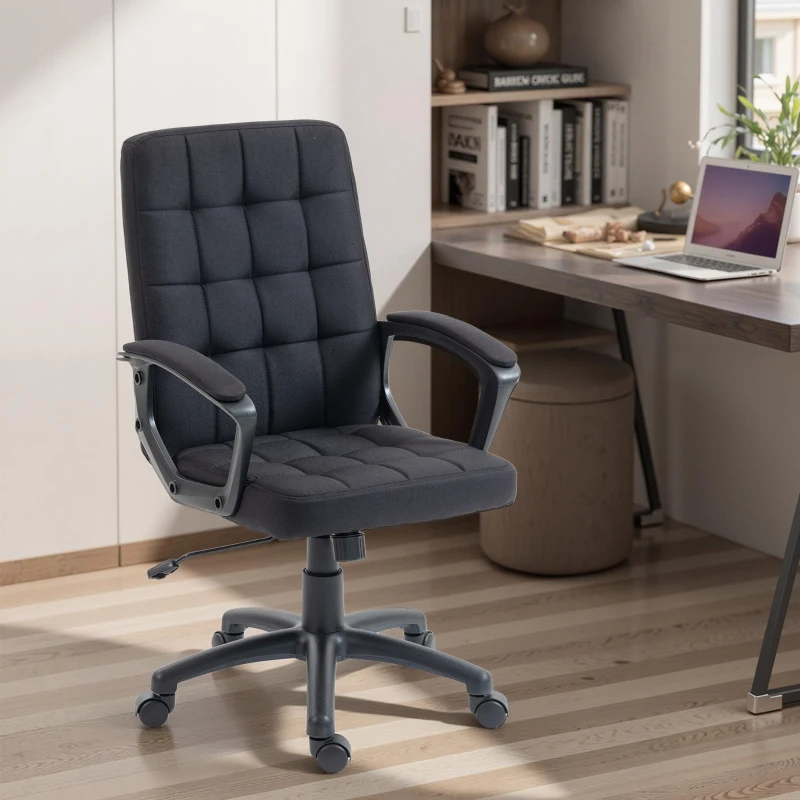 Vinsetto Silla de Oficina Giratoria Tapizada en Lino Sintético Altura Ajustable Basculante Respaldo Medio Reposabrazos Negro