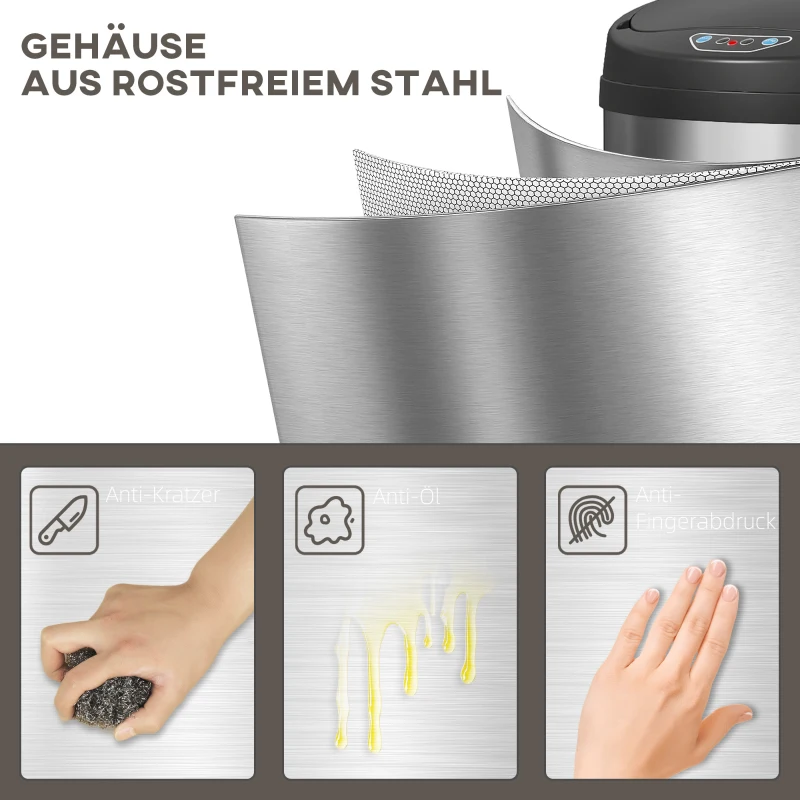 HOMCOM 30 Liter Sensor-Prullenbak met Soft-Close functie, contactloze afvalbak van roestvrij staal voor hygiënische keukens