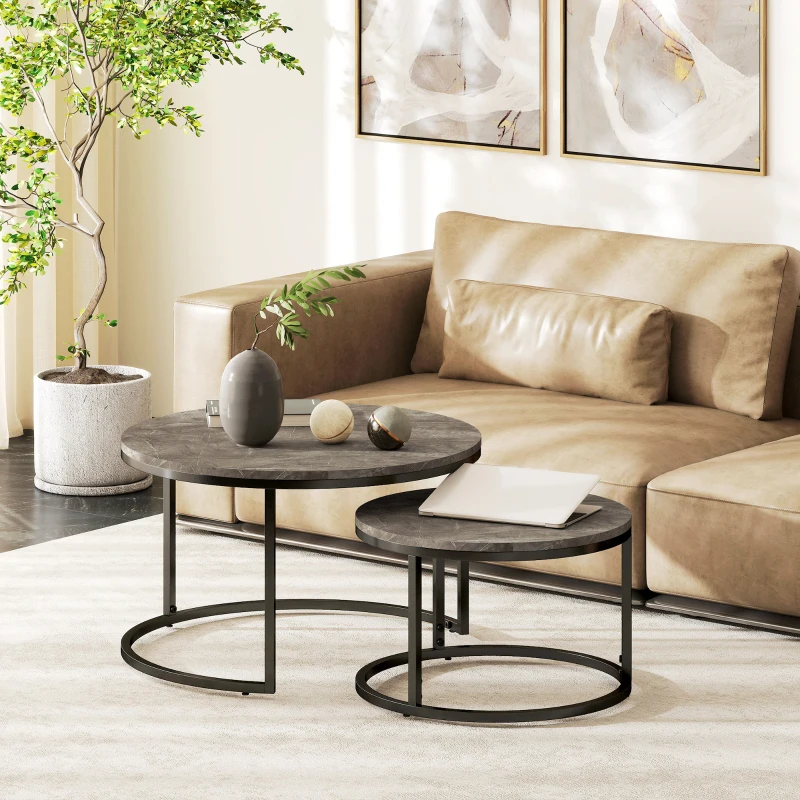 HOMCOM 2-delige set ronde salontafels, stapelbare bijzettafels met metalen frame, woonkamertafel met marmerlook, Koffietafel, Grijs(m-8)