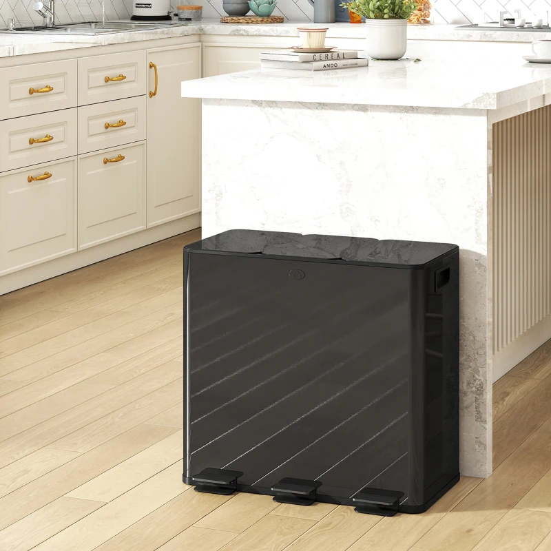 HOMCOM Pedaalemmer 3x20 L met geurvakken — vingerafdrukbestendig, softclose, uitneembaar — mat zwart(m-2)