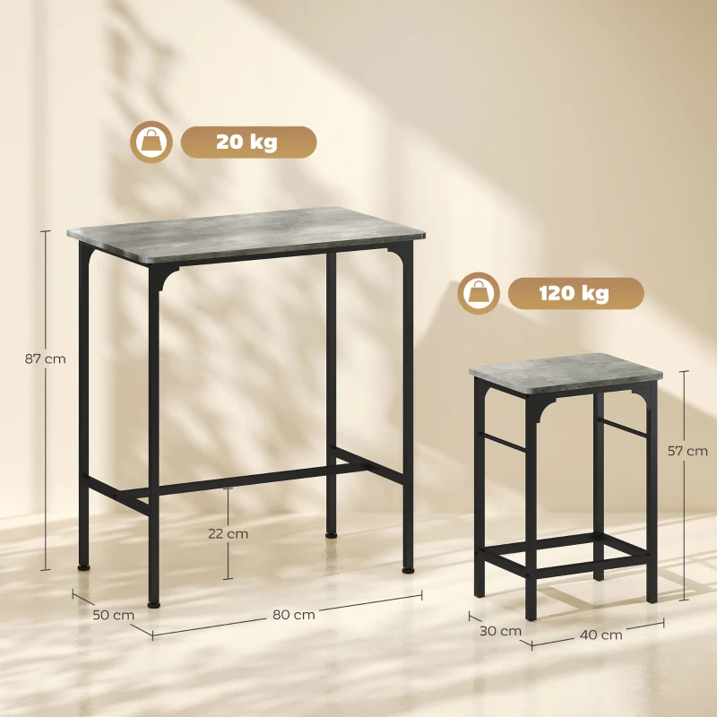 HOMCOM Industriële Bartafel Set met 2 Barkrukken en Antislip Voetpads - Grijs