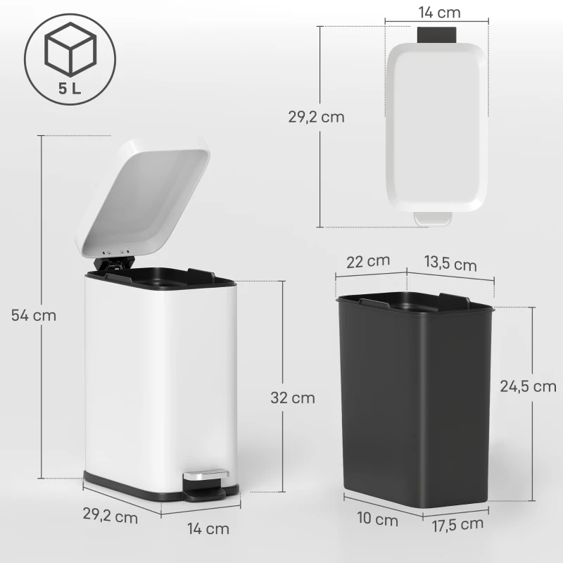 HOMCOM Metalen prullenbak, afvalbak, inhoud van 5 liter, met voetpedaal, met binnenemmer, wit