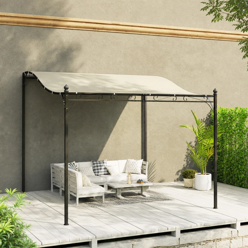 Pergola Outsunny Adosată Curbată cu 16 Orificii de Drenaj, din Metal și Poliester, 248x298x200/250 cm, Crem
