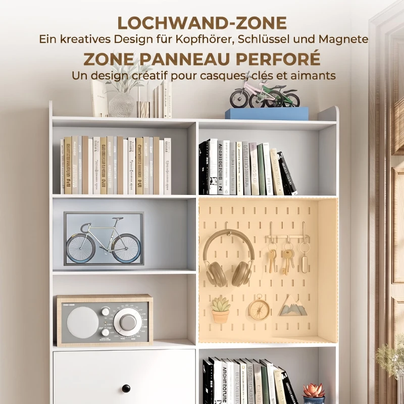 HOMCOM Estante para Livros Alta e Estreita com Painel Perfurado 2 Gavetas e 8 Compartimentos 120x30x200 cm Branco