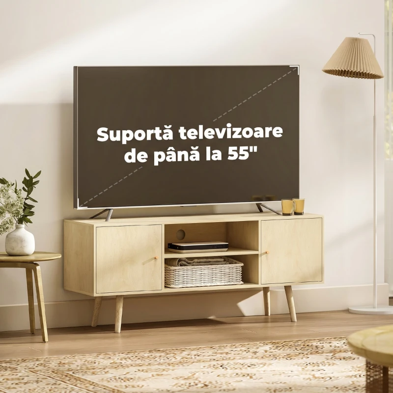HOMCOM Comodă TV pentru Televizoare de Până la 55", cu 2 Dulapuri și 2 Rafturi, Culoare Lemn