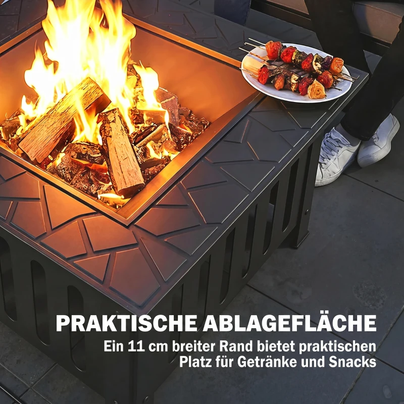 Outsunny Feuerschale aus Stahl Feuerstelle mit Funkenschutz Schürhaken für Outdoor Camping 67x67x47cm Schwarz