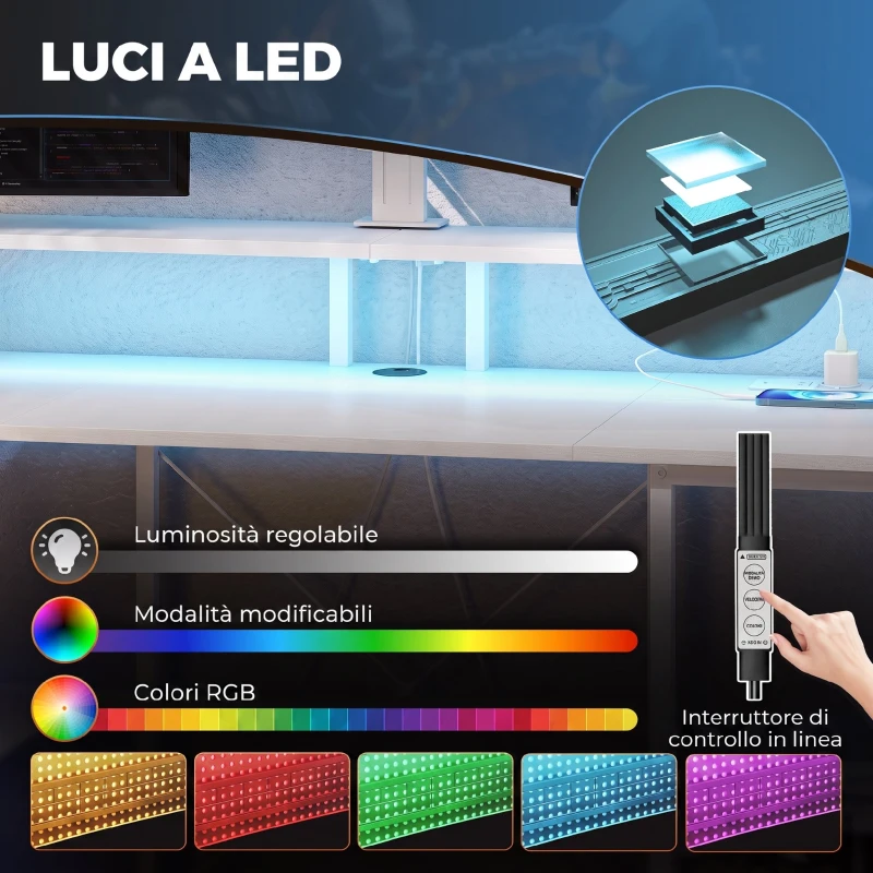HOMCOM Scrivania per Computer Reversibile con Ripiani, con Prese Elettriche e Luci LED, 120x50 cm, Bianco