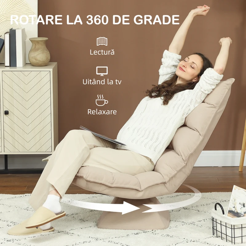 HOMCOM Fotoliu Relax Rotativ 360° cu Spătar Reglabil în 5 Poziții în Material Textil cu Aspect de In, Bej