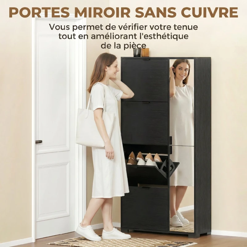 HOMCOM Meuble à chaussures 16 paires armoire à chaussures 4 tiroirs rabattables 2 portes en miroir étagères réglables noir